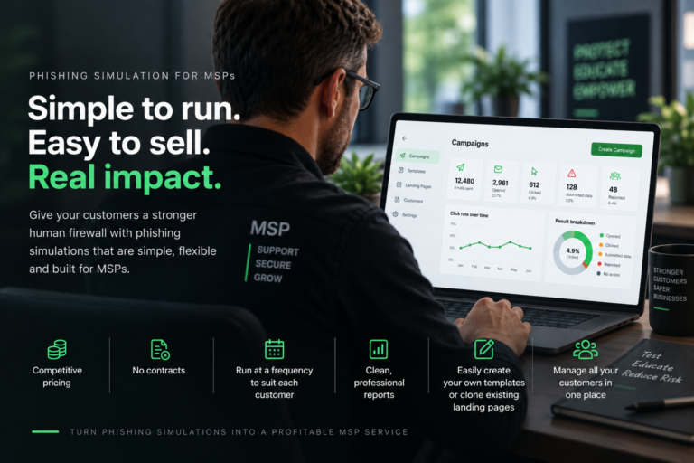MSP professional using a phishing simulation dashboard on a laptop, with messaging highlighting simple campaign management, flexible scheduling, professional reporting, custom templates and multi-customer management.